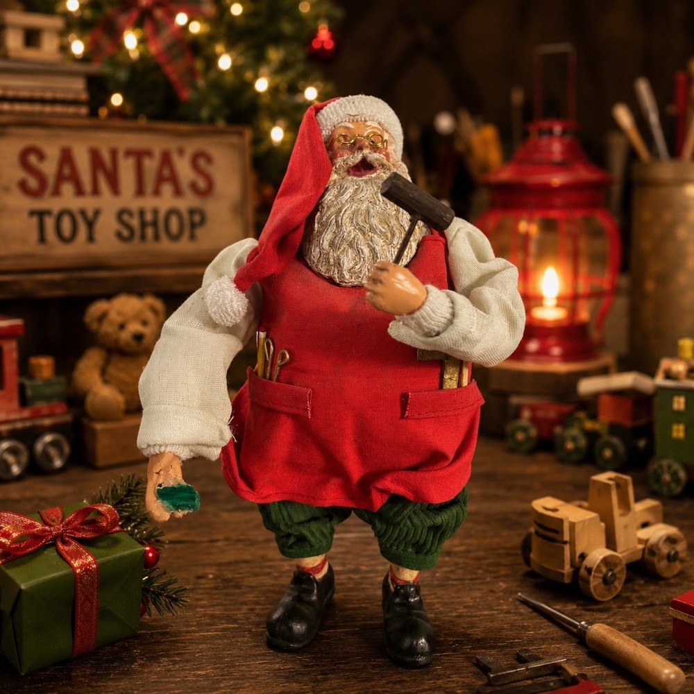 Vintage Silvestri Toy Workshop Santa Figure Christmas Handcrafted Tools 8in